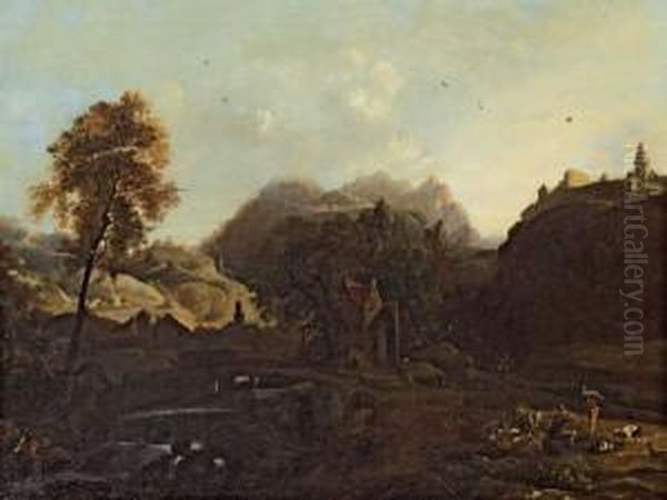 Gebirgslandschaft Mit Muhle, Burg Und Hirten Oil Painting by Johann Christian Brand