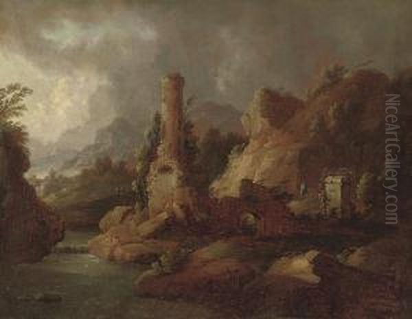 A Mountainous River Landscape With Figures On A Track By A Ruin, A Town Beyond Oil Painting by Johann Christian Brand