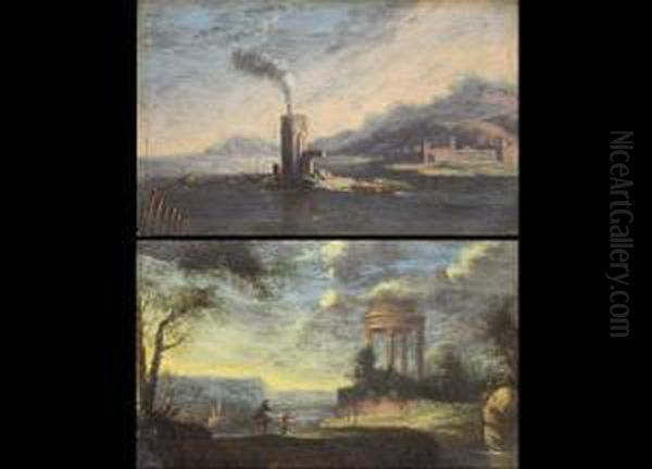 Gemaldepaar
 Ideallandschaft Mit Rundtempel Und
 Ideallandschaft Mit Maritimer Befestigungsanlage
 Jeweils In Flotter Manier, Mit Personenstaffage Und Stimmungsvollem Abend- Bzw. Morgenhimmel. Oil Painting by Johann Christian Brand