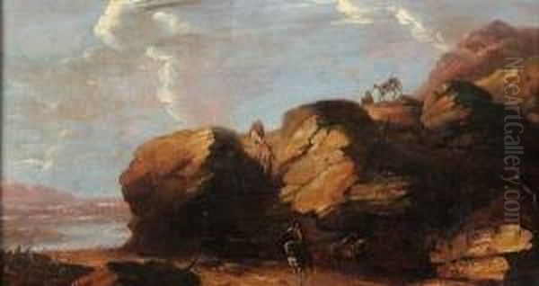 Attributed To Johann Christian Brand , Travelers In A Rocky Landscape Oil Painting by Johann Christian Brand