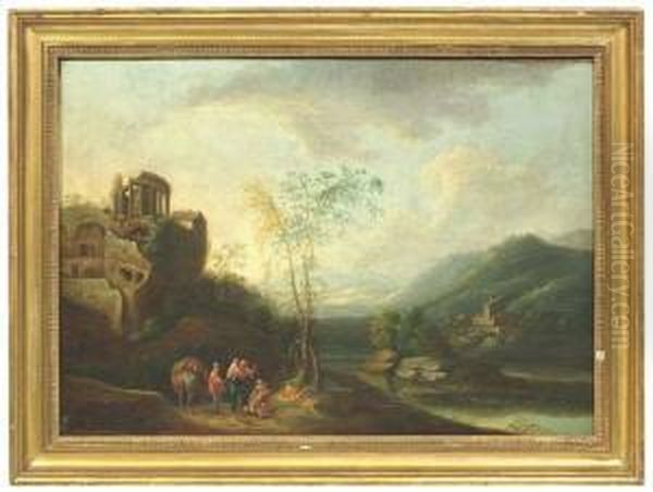 Arcadian River Landscape With Ruins Of A Temple Oil Painting by Johann Christian Brand