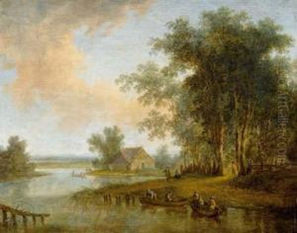 Flusslandschaft Mit Fischern Und Ihren Booten. Oil Painting by Johann Christian Brand