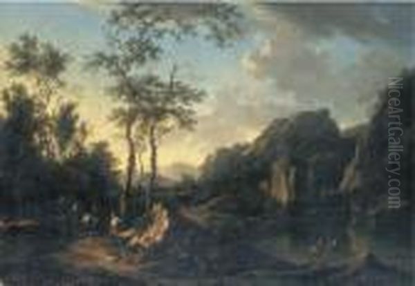 A Wooded River Landscape With Travellers And Peasants On A Path Andfishermen On The Bank Oil Painting by Johann Christian Brand