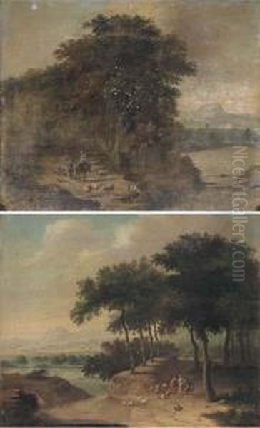 A Wooded River Landscape With A 
Shepherd And Shepherdess And Theirflock; And A Wooded River Landscape 
With A Shepherd And Shepherdessand Their Flock On A Track Oil Painting by Johann Christian Brand