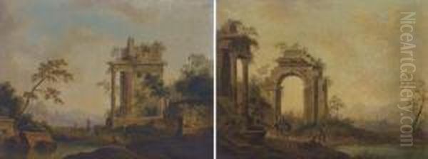 An Italianate Landscape With 
Figures By Roman Ruins; And An Italianate Landscape With Figures By A 
Fountain Near A Ruined Roman Archway Oil Painting by Johann Christian Brand