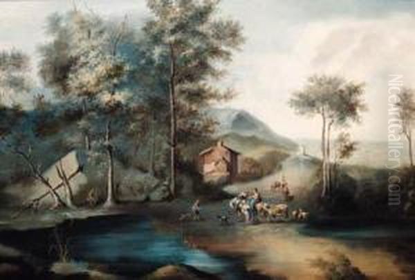 Figures By A Lake In A Wooded Landscape Oil Painting by Johann Christian Brand