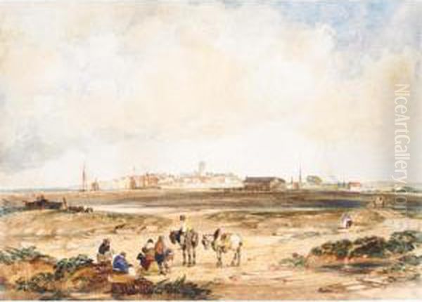 Fisherfolk On The Shore At Yarmouth, Isle Of Wight Oil Painting by Robert Brandard