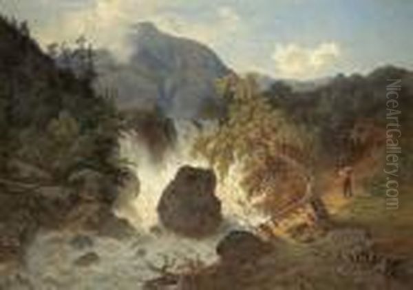 Reisender Wasserfall In Gebirgskulisse Oil Painting by Wilhelm Brandenburg