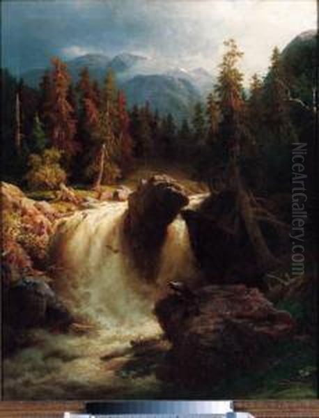 A Waterfall In A Mountainous Wooded Landscape Oil Painting by Wilhelm Brandenburg