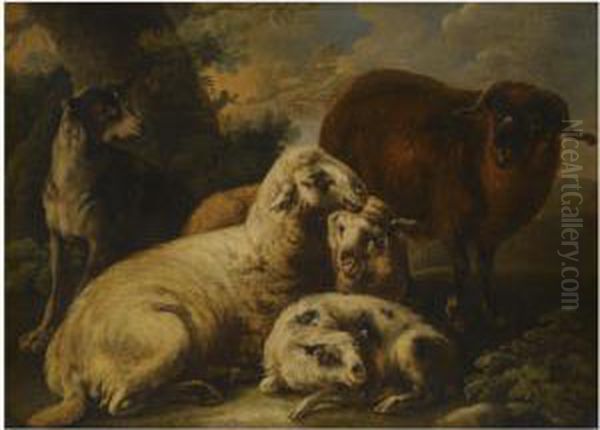 A Landscape With A Sheep Dog Guarding His Flock Oil Painting by Domenico Brandi