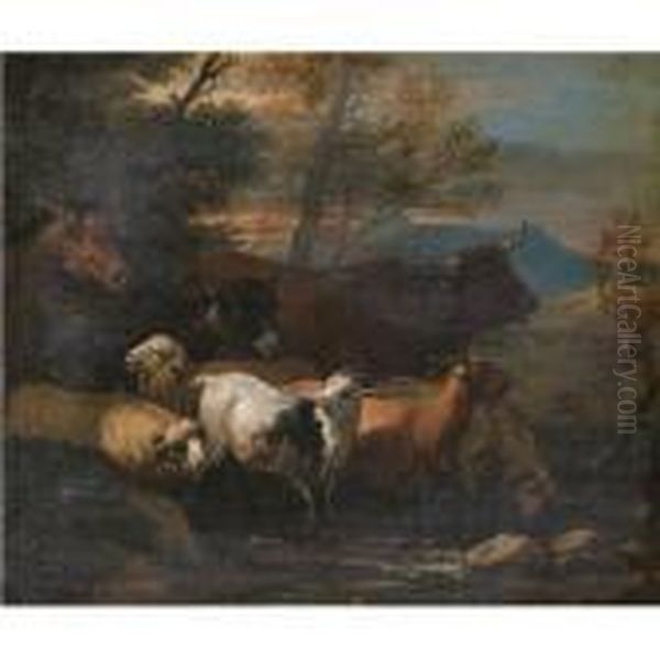 Italianate River Landscape With Sheep, Goats, A Donkey, A Bull And A Horse Oil Painting by Domenico Brandi