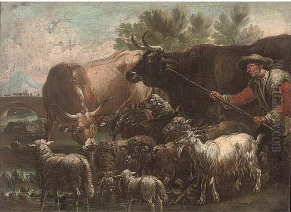 A Shepherd And His Flock Fording A River Oil Painting by Domenico Brandi