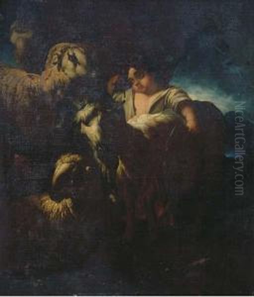 A Shepherd And His Flock In A Moonlit Landscape Oil Painting by Domenico Brandi