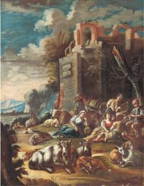 An Italianate Landscape With Peasants Resting With Cattle And Sheepamongst Ruins Oil Painting by Domenico Brandi