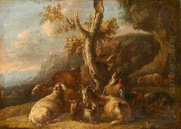 Shepherd With His Flock In An Extensive Landscape Oil Painting by Domenico Brandi