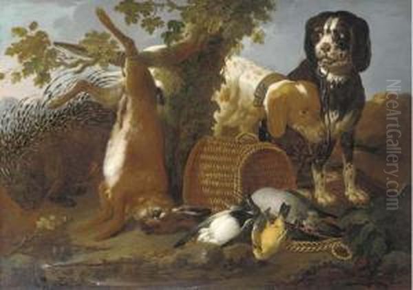 Spaniels, A Porcupine, A Hare And Game In A Landscape Oil Painting by Domenico Brandi