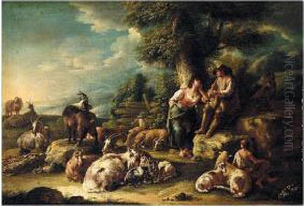 Landscape With A Shepherd Playing His Pipe And A Diarymaid, With Their Flock by Domenico Brandi