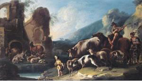 An Italianate Landscape With Herders And Their Animals Oil Painting by Domenico Brandi