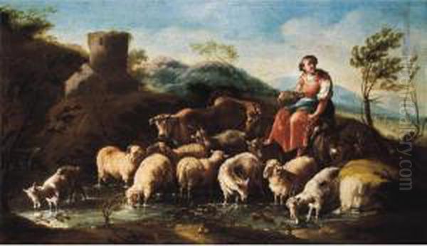 A Shepherdess With Sheep, Goats And Cattle Crossing A Stream Oil Painting by Domenico Brandi