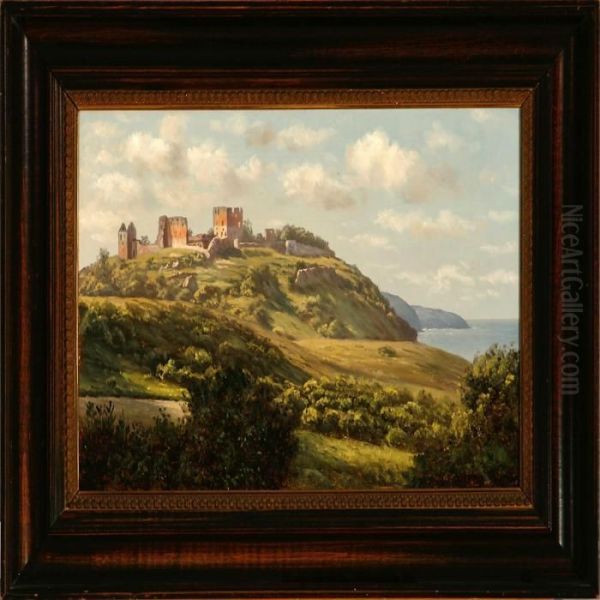 Overlooking Hammershus Castle Ruins At Bornholm Island Oil Painting by I.H. Brandt