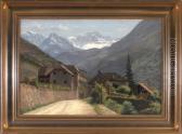 Sudtiroler Dorfstrase Mit Blick In Die Schneebedeckten Berge Oil Painting by Johannes Herman Brandt