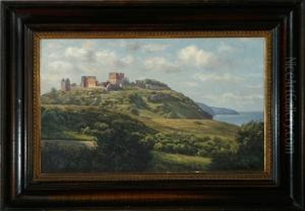 Dansk Coastal Scenery From Bornholm Island With The Ruins Of Hammershus Castle Oil Painting by Johannes Herman Brandt