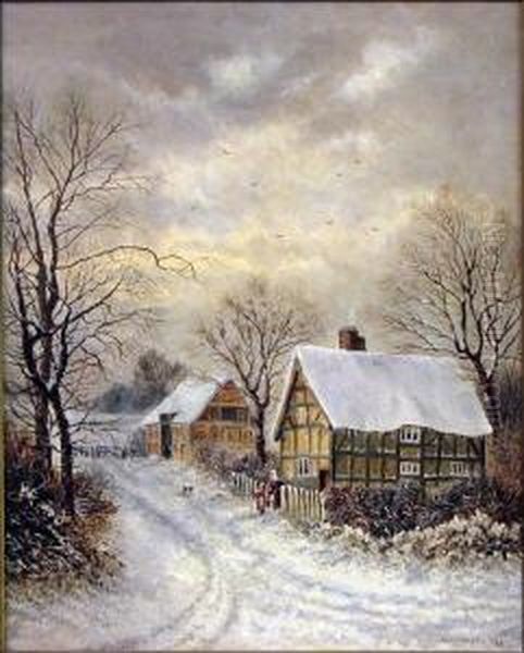 Cottages And Figures In Winter Landscape Oil Painting by Charles Brooke Branwhite