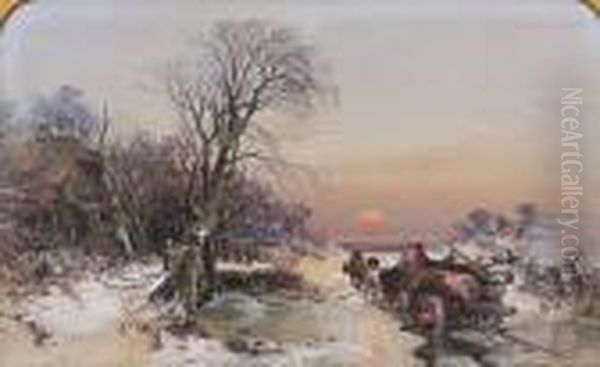 Timber Wagon Breaking The Ice At A Frozen Ford Oil Painting by Charles Brooke Branwhite