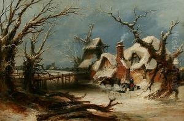 A Winter Landscape With Figures And Animals Before A Farm And Mill Oil Painting by Charles Brooke Branwhite