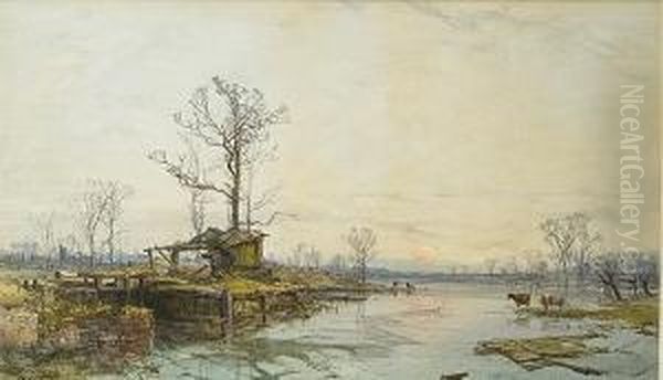 A Winter River Scene With Cattle Oil Painting by Charles Brooke Branwhite