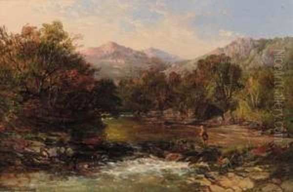 An Angler In A Wooded River Landscape Oil Painting by Charles Brooke Branwhite