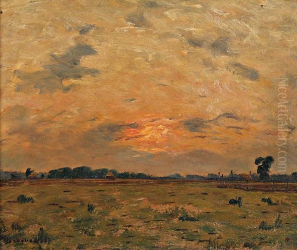 Coucher De Soleil Sur Le Pre Oil Painting by Louis Braquaval