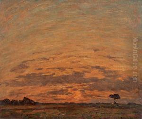 Coucher De Soleil Sur La Plaine Oil Painting by Louis Braquaval