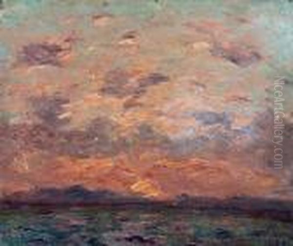 Coucher De Soleil Sur La Plaine Oil Painting by Louis Braquaval