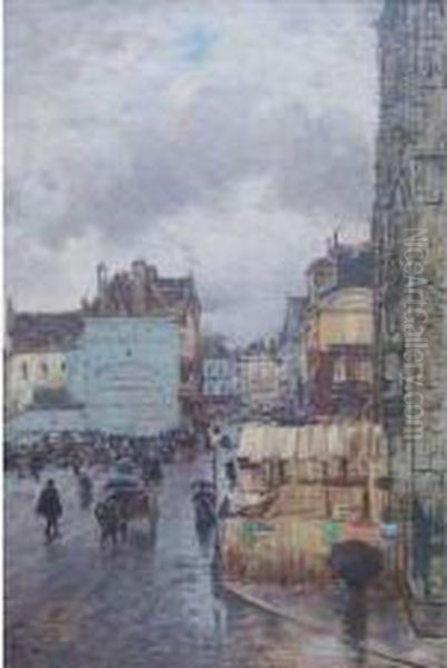 Abbeville, Rue Animee Devant La Collegiale Saint-vulfran Oil Painting by Louis Braquaval