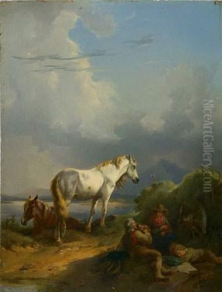 Fuchs Und Schimmel Mit Rastenden Bauern Am See. Oil Painting by Jacques Raymond Bracassat