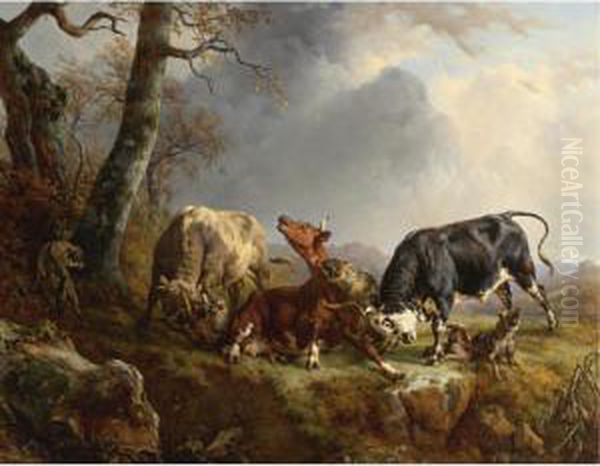 Two Bulls Defending A Cow Attacked By Wolves Oil Painting by Jacques Raymond Bracassat