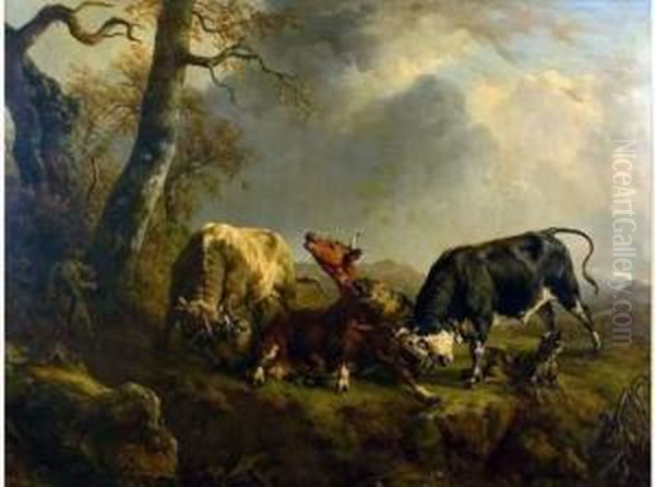 Vache Attaquee Par Des Loups Et Defendue Par Des Taureaux Oil Painting by Jacques Raymond Bracassat