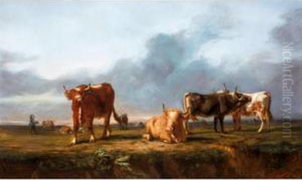 Cattle In A Meadow Oil Painting by Jacques Raymond Bracassat