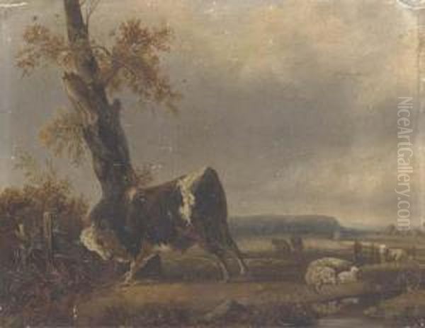 A Dog Attacking A Fox In A Landscape Oil Painting by Jacques Raymond Bracassat