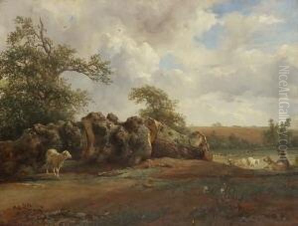 Hirte Mit Schafen Bei Einem
 Gefallten Baum. Oil Painting by Jacques Raymond Bracassat