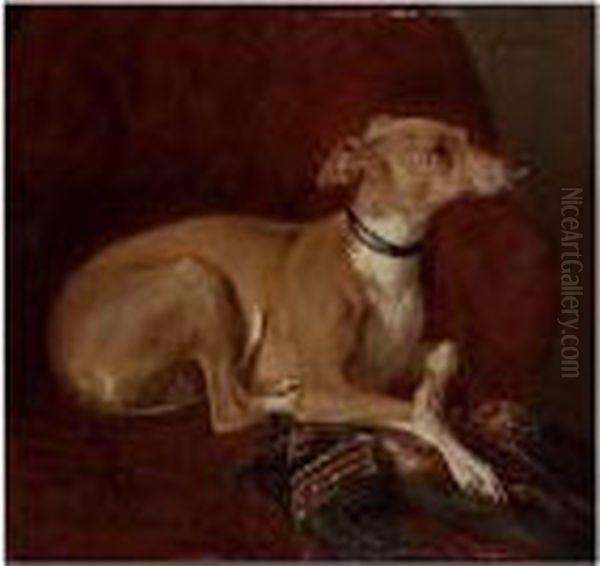 A Greyhound Resting On A Chair Oil Painting by Jacques Raymond Bracassat