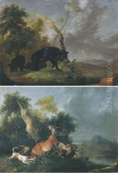 A Landscape With Boars Foraging; And A Landscape With Houndsbringing Down A Deer Oil Painting by Wenzel Ignaz Prasch