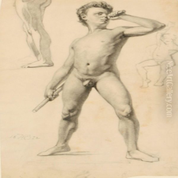 Three Academy Studies Of Naked Men On One Sheet Oil Painting by Hans Ole Brasen