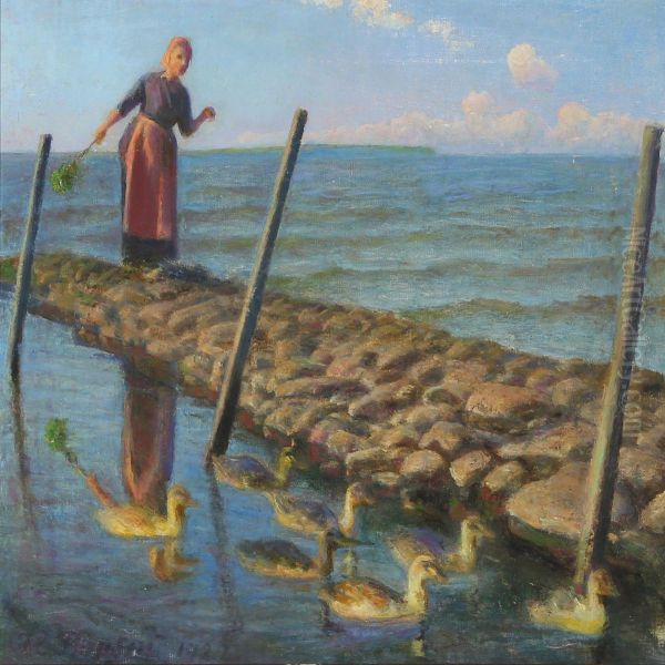 A Young Woman Gazing At Ducklings Oil Painting by Hans Ole Brasen