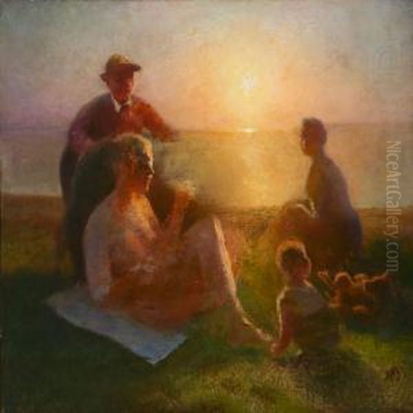 A Family By The Sea At Sunset Oil Painting by Hans Ole Brasen