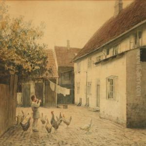 Boy Playing The Fluteamong The Chickens In The Backyard Oil Painting by Hans Ole Brasen