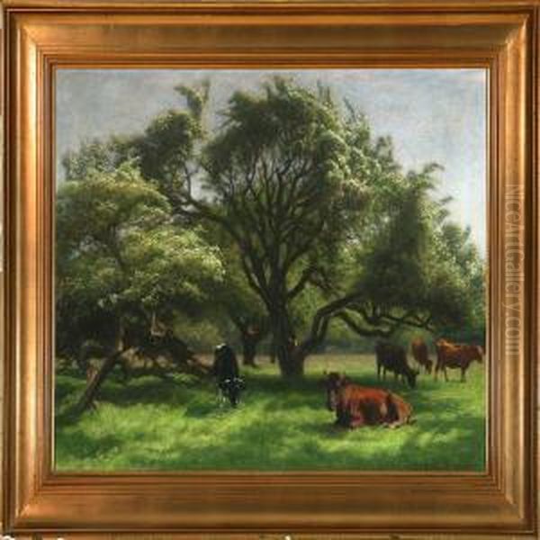 Cows Resting Under A Tree Oil Painting by Hans Ole Brasen