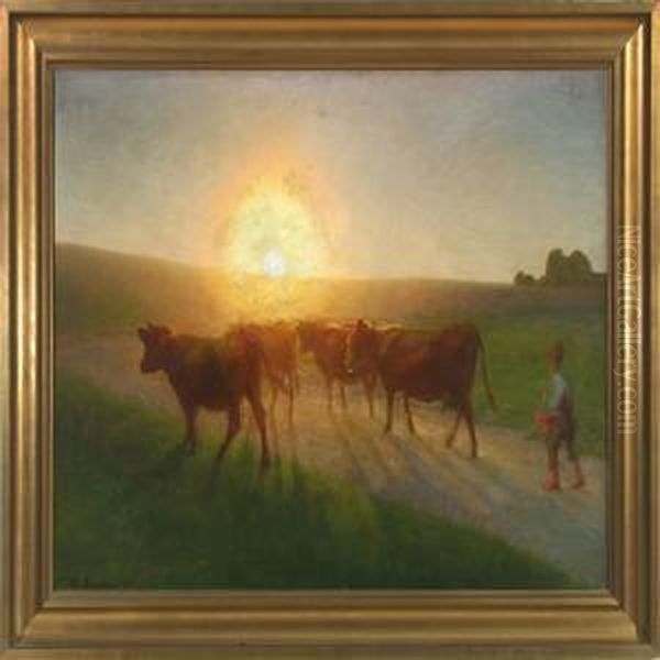 Cows Are Brought Home At
 Sunset Oil Painting by Hans Ole Brasen