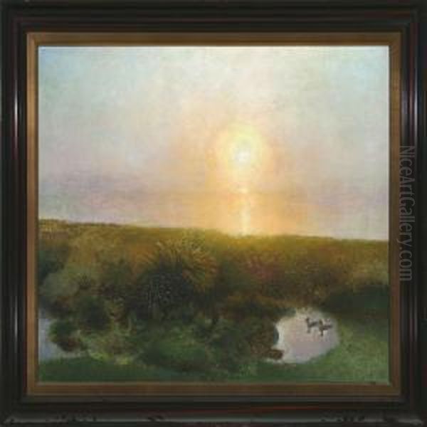 Sunset At A Moor Oil Painting by Hans Ole Brasen